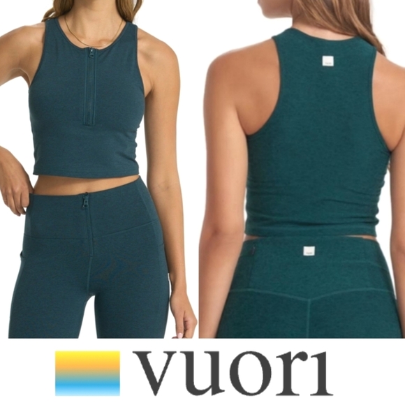 Vuori Tops - Vuori Granite Heathered Zip Tank Top Cropped NWT Beryl Heather Athletic Yoga Med
